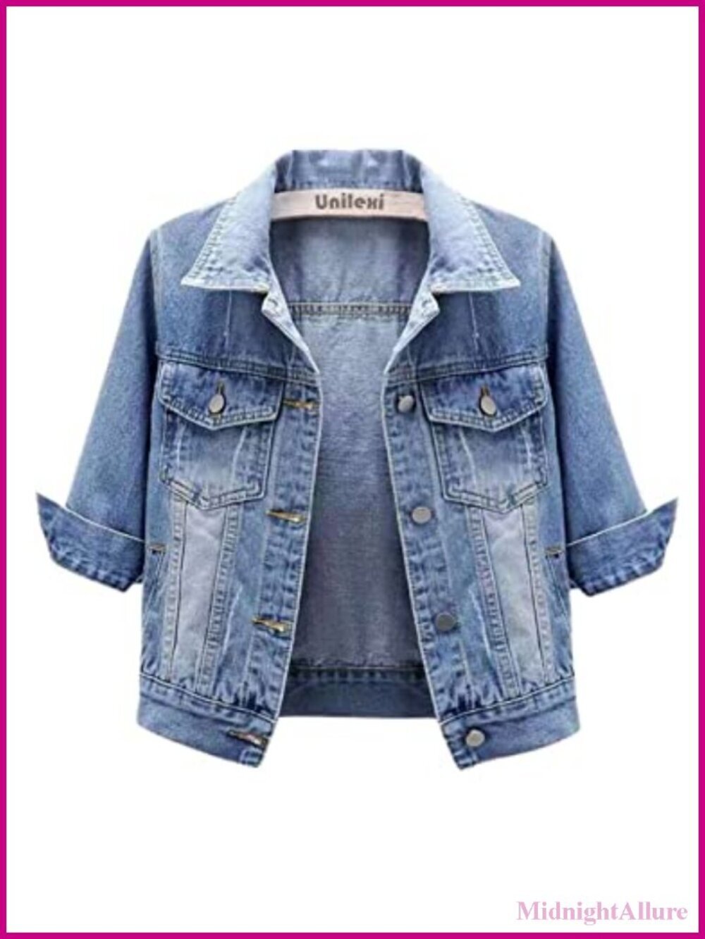 Women's Cropped Denim Jacket 3/4 Sleeve Button Front Lightweight